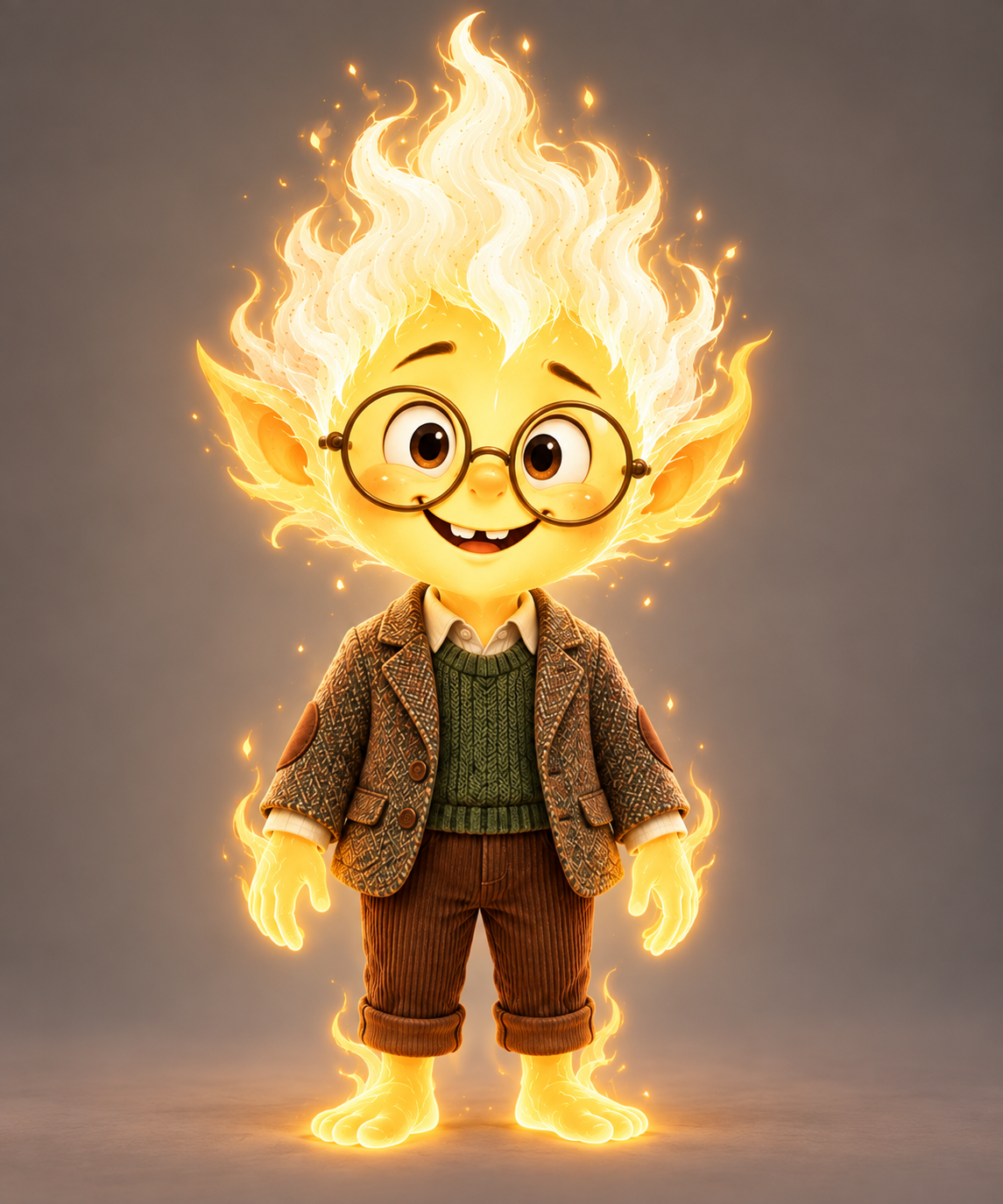 Jones, a warm golden flame character with round glasses and a tweed jacket